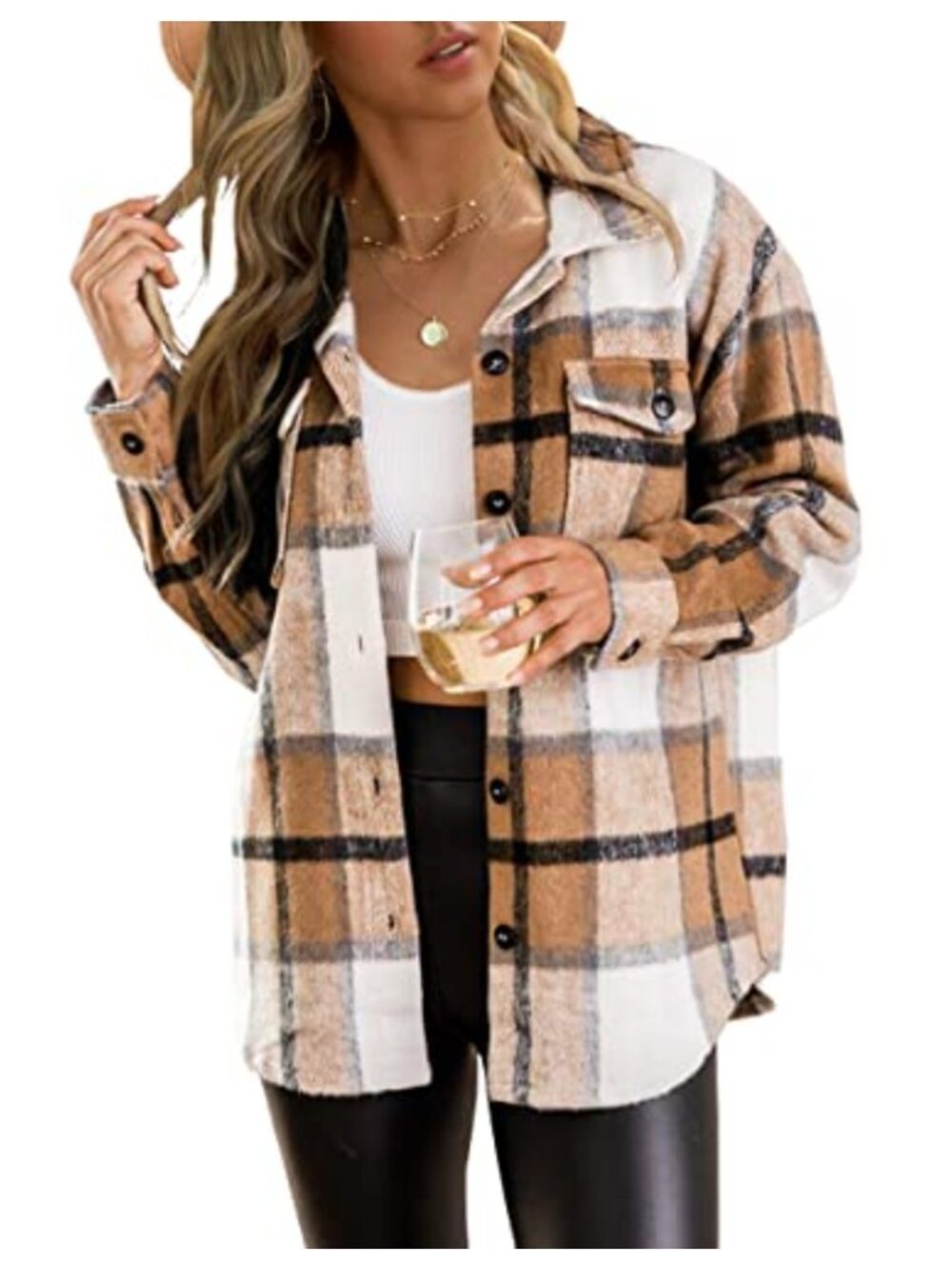 Womens Flannel Plaid Button Down Shacket Fuzzy Soft Midweight Loose Fit